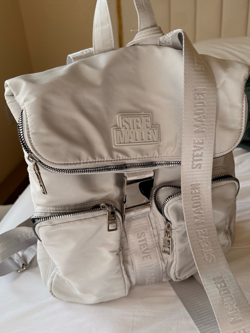 Steve Madden Cream Nylon Roll-Top Backpack